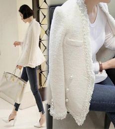 CBAFU black white designer lady autumn winter pearls tassel wool jackets women coats outwear casaco female warm tweed coat N7489089381
