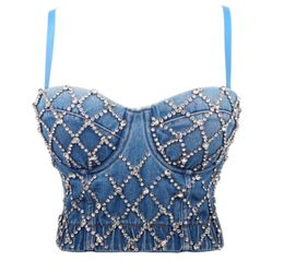 2020 Denim Diamonds Vest Women039s Bustier Bra Night Club Party Cropped Top Vest Plus Size Handmade Vest Diamond Bra w8332185665