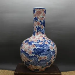 Bottles Chinese Qing Qianlong Blue And White Porcelain Dragon Pattern Vase 13.10 Inch