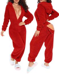 Women's Jumpsuits Rompers Womens Jumpsuit 2023 Autumn New 3D Ear Buttoned Flap Functional Fluffy Lounge Jumpsuit Warm Home Clothes Hooded Pajamas Y240521