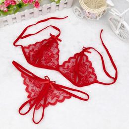 Bras Sets 1set Sexy Lace See Through Exotic Lingerie Up Hollowed Mesh Open Crotch Thongs Bra Set Sweet Bow Hole Ultra Thin Underwear