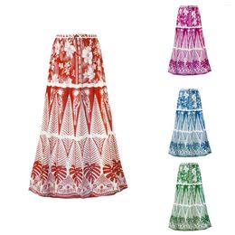 Skirts Women Floral Print Boho Maxi Skirt Elastic High Waist Pleated Vintage Ruffle Loose Flowy Long Summer Clothing 2024