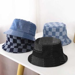 Caps Hats Foldable Washable Denim Childrens Bucket Hat Vintage Chequered Sun Summer Fisherman Boys and Girls Sunset Baby d240521