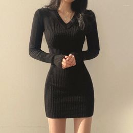 Casual Dresses Long Sleeve Knitted For Women Black Sexy V-Neck Bodycon Mini Dress Woman Stretchy High Waist Short