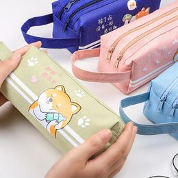Storage Bags Creative Double Layer Stationery Box Zipper Canvas Large Capacity Pencil Case Kawaii Animal Bag Simple