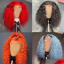 Synthetic Wigs Mogolian Hair Blue Red Kinky Curly Lace Front Wig 180 Density Hd Frontal Coloured Transparent Orange /Grey Drop Delive Dhsbm