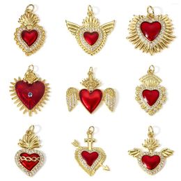 Charms 1pc Religious Copper Pendant Gold Colour Red Heart Enamel Clear Cubic Zirconia DIY Necklace Bracelets Jewellery Findings