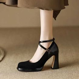 Dress Shoes Women Retro Spuare Toe Chunky Platform Pumps Crossover Strappy Single Shoe High Heels Woman Mary Jane Buckle Thick Heeled Shoes H240521