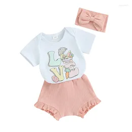 Clothing Sets Baby Girls Easter Shorts Short Sleeve Letter Egg Print Romper Tops Ruffle PP Headband