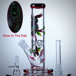 18mm Female Owl Water Pipes 3D Hand- Painted Glow in the Dark Glass Bongs Straight Perc HookahsJoint Dab Rigs with Diffused Downstem Bowl LXMD20106