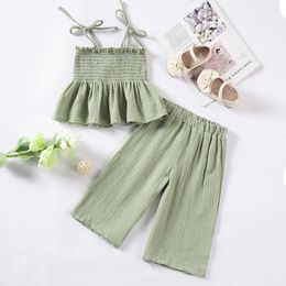 Clothing Sets Summer Leisure Fashion Girl Solid Colour ruffled top+wide leg pants set childrens fashion two-piece set Comfortable cotton clot Y240520ZZTB