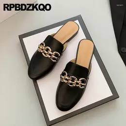 Slippers Half Shoes Punk Metal Round Toe Y2k Flats Genuine Leather Chain Slides Mules Women Cow Skin 34 Plus Size Sandals Rock