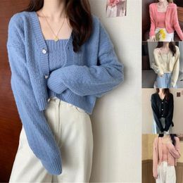 Women's Knits Women Long Sleeve Button Down Knit Solid Cropped Cardigan 2Pcs Cami For Tank Top Dropship