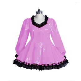 Casual Dresses Sissy Femme Maid Lolita PVC Sexy Costumes Lockable Role Playing Aline Dress Long Sleeve Patent Leather Lace Trimming Latex