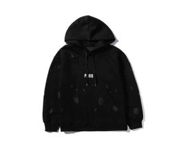 22ss Mens Designer Hoodies Fashion Ripped Holes Paris Print Hoodie Black White Red Pink All Cotton Long Sleeve Pullover Women Clot7437475