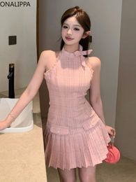 Onalippa Off-shoulder Pink Pleated Dress Stand Collar Lace Up Bow Tweed Dresses Small Fragrance Vestidos De Noche Juveniles 240515