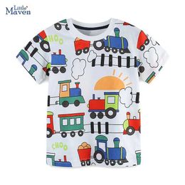 T-shirts Little maven 2024 Baby Boys T-shirt New Cartoon Trains Cotton Tops Summer Chidlren Casual Kids Clothes tops 2-7Y Tees Y240521