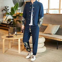 Ethnic Clothing Chinese Style Male Casual Kimono Set Men's Retro Buckle Cardigan Printed Tang Suit Traditional Japanese Samurai Costumes 4XL