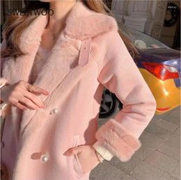 Women's Fur 2024 Women Winter Thick Warm Elegant Pink Faux Coats Female Turn Down Collar Fariy Wool Lady Botton Outerwear