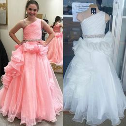 Pink Girl Pageant Dress Ruffle Ruched Organza Ballgown Little Kid Birthday Formal Cocktail Party Gown Infant Toddler Teens Preteen Tiny Young Junior One-Shoulder