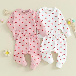 Clothing Sets Baby Girls 2-piece Tracksuit Outfit Heart Print Long Sleeve Crew Neck Sweatshirt With Elastic Waist Sweatpants Fall Clothes