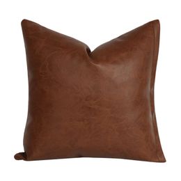 Modern Brown Faux Leather Throw Pillow Case Solid Colour Decorative Cushion Cover 240521