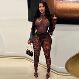 Women's Two Piece Pants 2024 Summer Mesh Print See Through Spicy Girls Bodycon 2 Set Women Long Sleeve Slim Bodysuits Skinny Club Streetwear