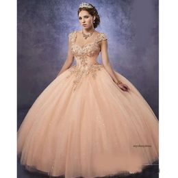 Sparkling Tulle Quinceanera Dresses Detachable Straps And Basque Waist Peach Sweet 16 Dress Lace Up Back Pageant Party Gowns 0521