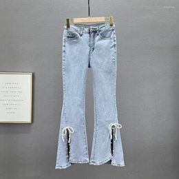 Women's Jeans Split Denim Pants Women's Fashion 2024 Spring Summer High Waist Beaded Jean Cropped Ladies Skinny Sexy