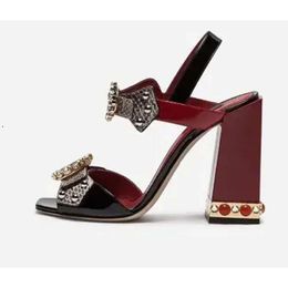 2019 Free shipping Ladies patent leather diamond Chunky high heel peep-toes Buckle Strap SANDALS SHOES Bury snake snake de5