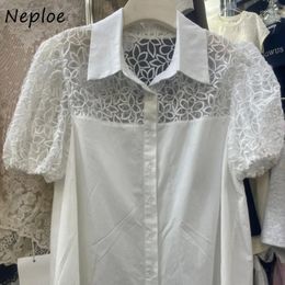 Women's Blouses Neploe Fashion Vintage Lace Embroidery Y2k Puff Sleeve White Shirts Women 2024 Summer Lapel Neck Blusas Mujer