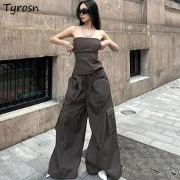 Women's Two Piece Pants 2 Pcs Sets Women Backless Sweet Tanks Cargo Loose Streetwear Cool Summer Fashion Unisex Vintage All-match Simple