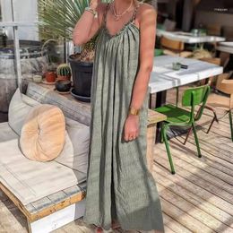 Casual Dresses Elegant Women Solid Lace-up Long Dress Backless Adjustable Suspender Beach 2024 Summer Pleat Hawaii Vocation