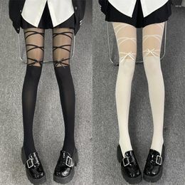 Women Socks Stockings Bowknot Strap Gothic Girls Pantyhose Sexy Lingerie For Cute Lolita Long Tights Black White