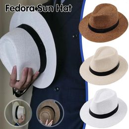 Berets Summer Unisex Sun Hat Flat Brim Beach Straw Panama Jazz Hand Woven Wide