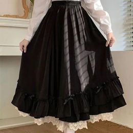 Skirts Japanese Ruffles Pleated Skirt Woman Sweet High Waist Loose Ankle-length Women College Style Black Patchwork A-line