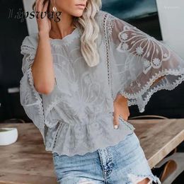 Women's Blouses Women Office Crew Neck Lace Tops Pullover All Match Short Sleeve Solid Shirts Vestido Elegant Embroidery 2024 Hollow Out