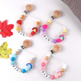 Pacifier Holders Clips# New Rainbow Personalised Name Nipple Bracket Chain Nipple Dummy Bracket Handmade Beech Wooden Clip Silicone Newborn Chewing Gift d240521