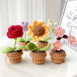 Decorative Flowers Hand-Knitted Potted Crochet Artificial Plants Finished Woven Gift