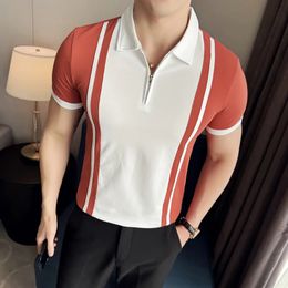 Summer Mens Contrasting Knitted Polo Shirt Slim Fit Short Sleeve Casual T-shirts Ice Silk Breathable Business Lapel Tee Tops 240521