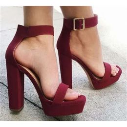 New Fashion Summer Women Suede Leather Platform Chunky Ankle Strap Buckle High Heel Sand 103