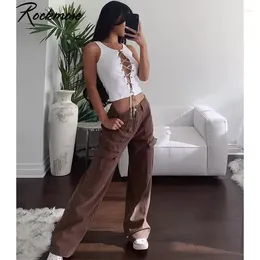 Women's Jeans Brown Vintage Baggy Women High Waist Pocket Cargo Pants 90s Streetwear Straight Trousers Harajuku Summer 2024