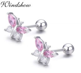 Cute 925 Sterling Silver Butterfly Pink CZ Screw Back Stud Earrings For Women Child Girls Kids Jewellery Orecchini Aros Aretes 2115648408