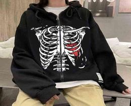 2022 New Stock Skeleton Plus Velvet Thickened Loose Couple Zipper Sweater Y2k Zip Up Hoodie Men Cheap Clothes Chandals Hombre Y2209167563