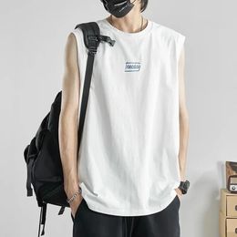 Summer Casual Pullover Shirt Tess Vest Mens Loose Sleeveless Cool Boy Versatile Sports Tops Solid Print Cotton Student Letter 240513