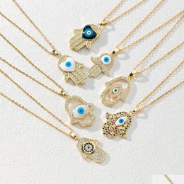 Pendant Necklaces Fatima Palm Evil Eye Necklace For Women Gold Plated Turkey Zircon Blue Eyes Choker Sweater Drop Delivery Je Dhgarden Dhich