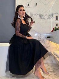 Party Dresses America & Europe Black Gauze Women Dress Sexy Square Neck Formal Occasion Classic Lace Long Sleeves Vestido De Novia