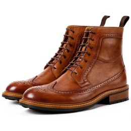 Handmade Men Chelsea Boots Winter Brogue Shoes Luxury Genuine Leather Comfortable Ankle Flat Quality Brown Lace up Male Botas