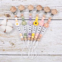 Pacifier Holders Clips# Personalised baby name pacifier chain silicone daisy dummy seat chain handmade wooden baby pacifier clip care chewing toy d240521