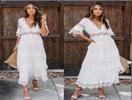 Casual Dresses Vestidos Boho Hippie Chic White Women Sexy V Neck 12 Sleve Lace Patchwork High Waist Cake Maxi Dress Lady Beach 206547847